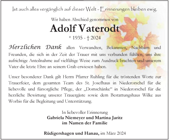 Traueranzeige von Adolf Vaterodt von Thüringer Allgemeine