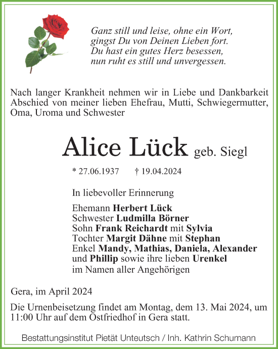 Traueranzeige von Alice Lück von Ostthüringer Zeitung
