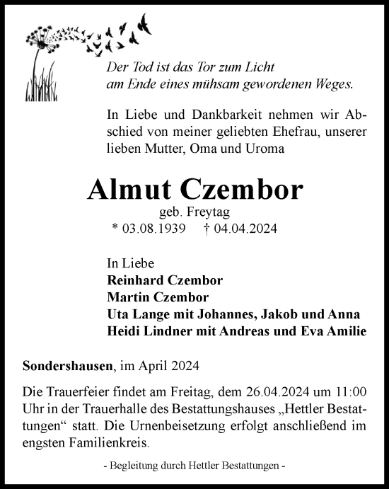 Traueranzeige von Almut Czembor von Thüringer Allgemeine