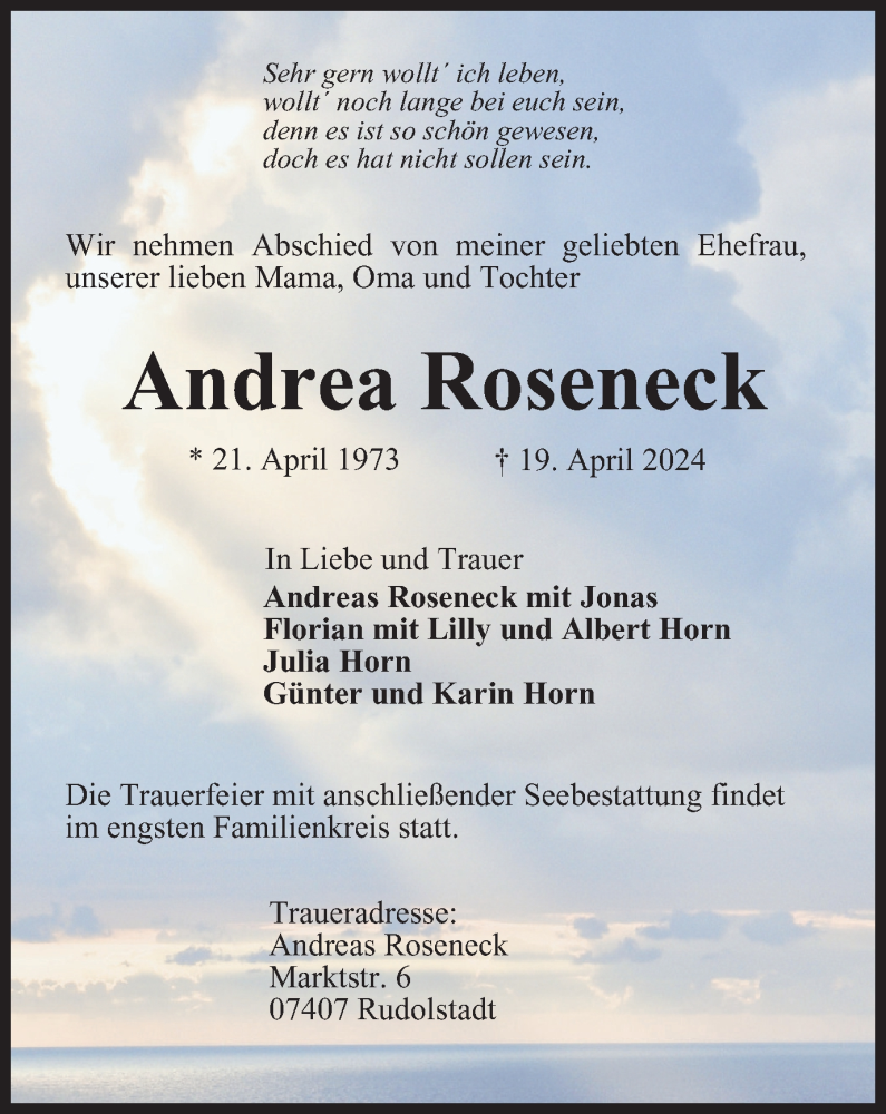  Traueranzeige für Andrea Roseneck vom 30.04.2024 aus Ostthüringer Zeitung, Thüringische Landeszeitung