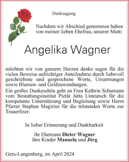Traueranzeige von Angelika Wagner von Ostthüringer Zeitung