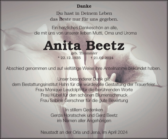 Traueranzeige von Anita Beetz von Ostthüringer Zeitung