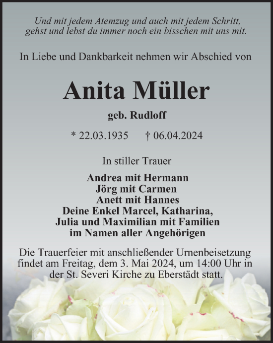 Traueranzeige von Anita Müller von Thüringer Allgemeine, Thüringische Landeszeitung