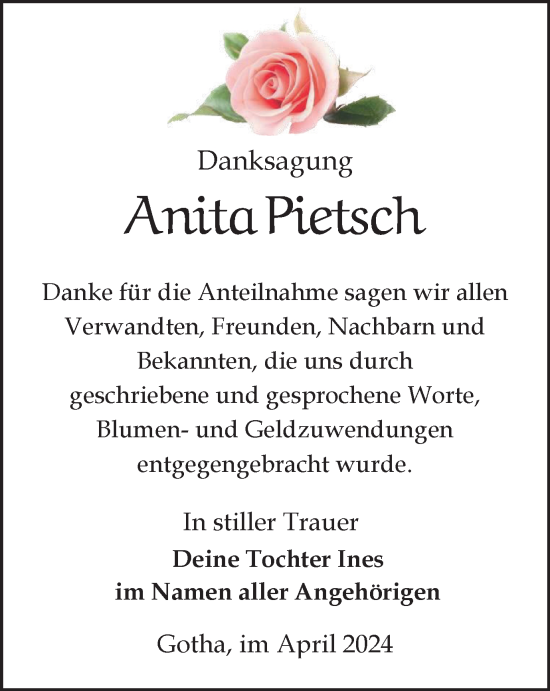 Traueranzeige von Anita Pietsch von Thüringer Allgemeine, Thüringische Landeszeitung