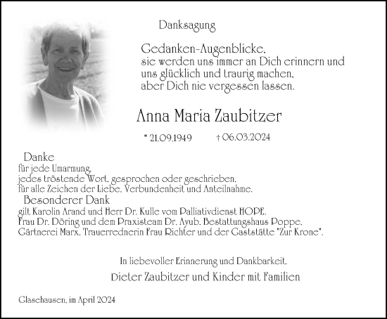 Traueranzeige von Anna Maria Zaubitzer von Thüringer Allgemeine