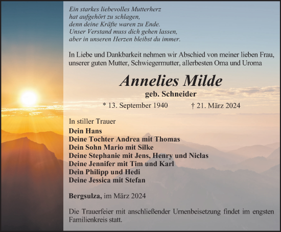 Traueranzeige von Annelies Milde von Thüringer Allgemeine, Thüringische Landeszeitung
