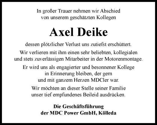 Traueranzeige von Axel Deike von Thüringer Allgemeine