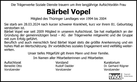 Traueranzeige von Bärbel Vopel von Thüringer Allgemeine, Thüringische Landeszeitung