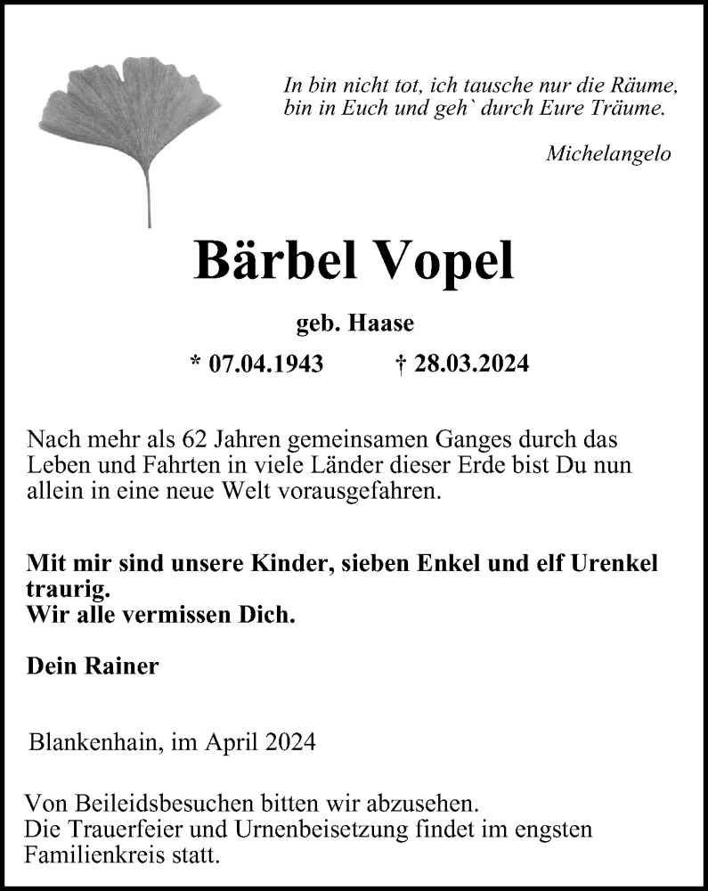  Traueranzeige für Bärbel Vopel vom 06.04.2024 aus Thüringer Allgemeine, Thüringische Landeszeitung