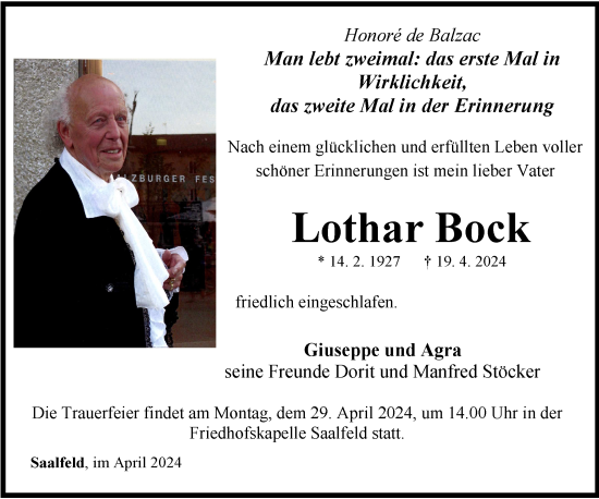 Traueranzeige von Lothar Bock von Ostthüringer Zeitung