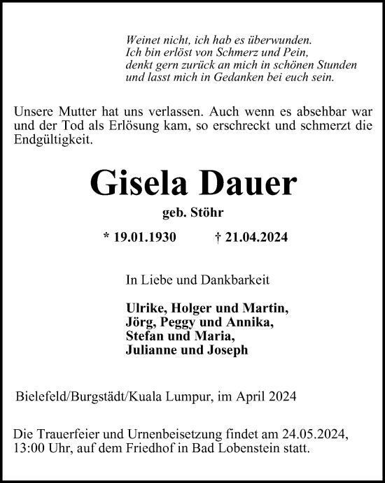 Traueranzeige von Gisela Dauer von Ostthüringer Zeitung