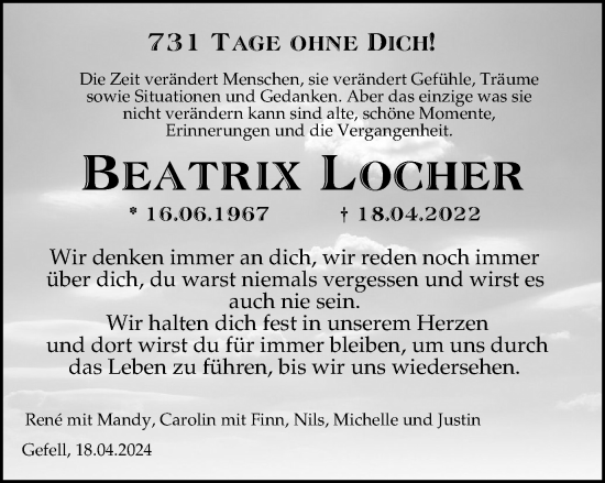 Traueranzeige von Beatrix Locher von Ostthüringer Zeitung