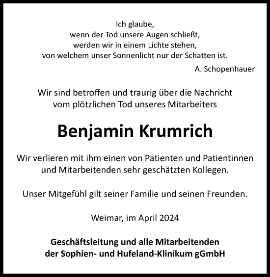 Traueranzeige von Benjamin Krumrich von Thüringer Allgemeine, Thüringische Landeszeitung