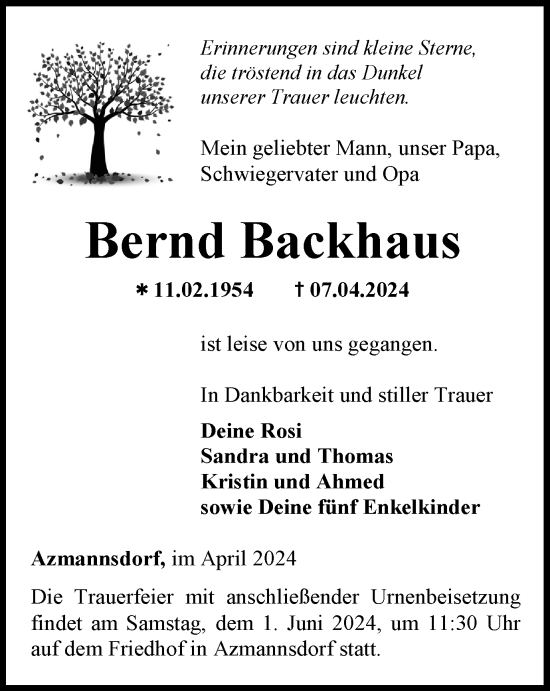 Traueranzeige von Bernd Backhaus von Thüringer Allgemeine, Thüringische Landeszeitung