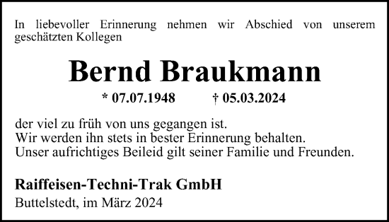 Traueranzeige von Bernd Braukmann von Thüringer Allgemeine, Thüringische Landeszeitung