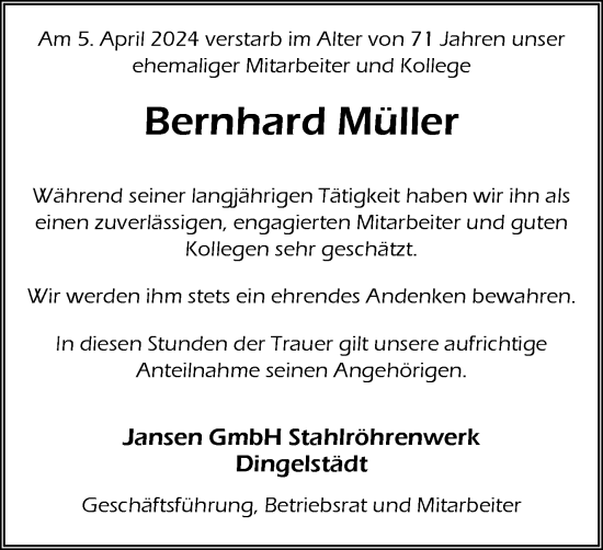 Traueranzeige von Bernhard Müller von Thüringer Allgemeine