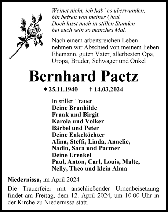 Traueranzeige von Bernhard Paetz von Thüringer Allgemeine, Thüringische Landeszeitung