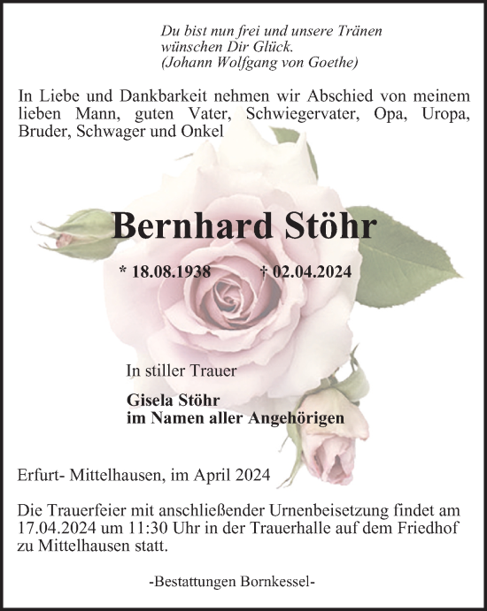 Traueranzeige von Bernhard Stöhr von Thüringer Allgemeine, Thüringische Landeszeitung