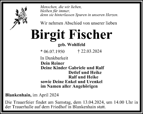 Traueranzeige von Birgit Fischer von Thüringer Allgemeine, Thüringische Landeszeitung