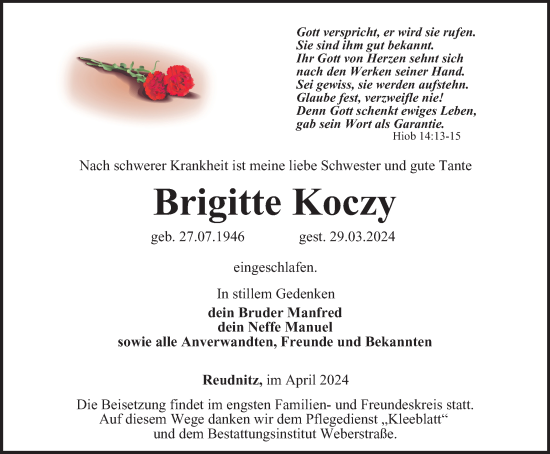 Traueranzeige von Brigitte Koczy von Ostthüringer Zeitung
