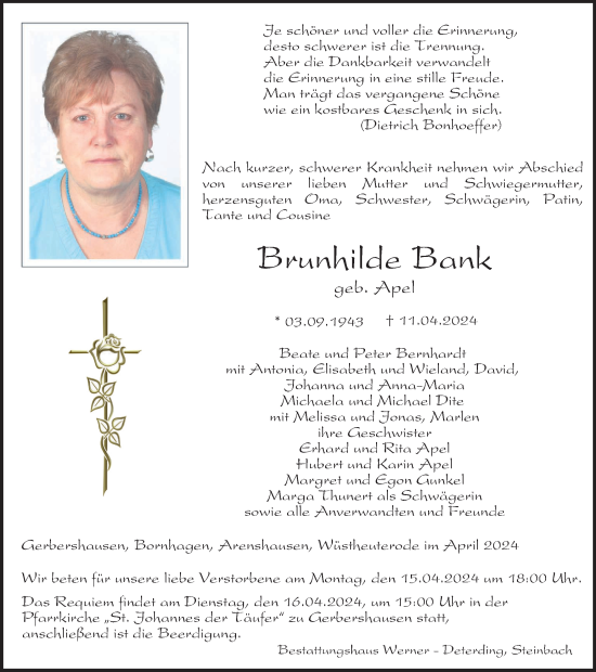 Traueranzeige von Brunhilde Bank von Thüringer Allgemeine