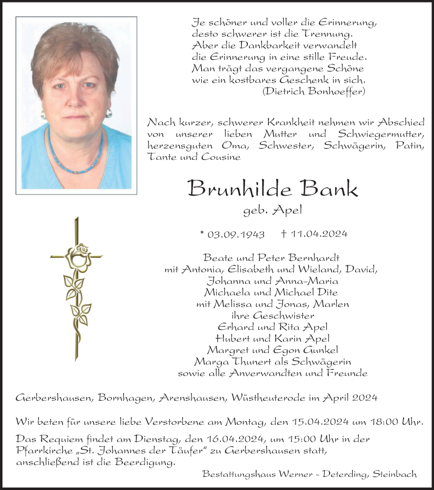  Traueranzeige für Brunhilde Bank vom 13.04.2024 aus Thüringer Allgemeine