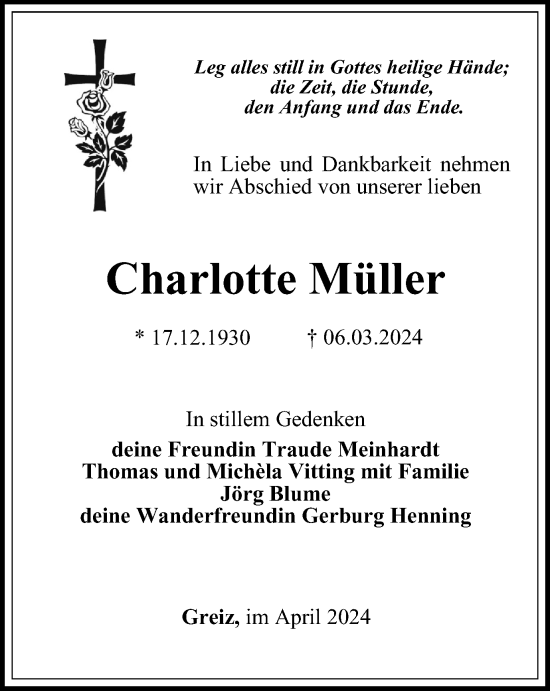 Traueranzeige von Charlotte Müller von Ostthüringer Zeitung