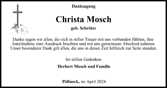Traueranzeige von Christa Mosch von Ostthüringer Zeitung