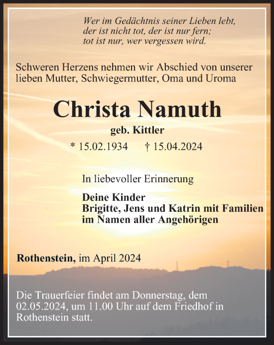 Traueranzeige von Christa Namuth von Ostthüringer Zeitung, Thüringische Landeszeitung