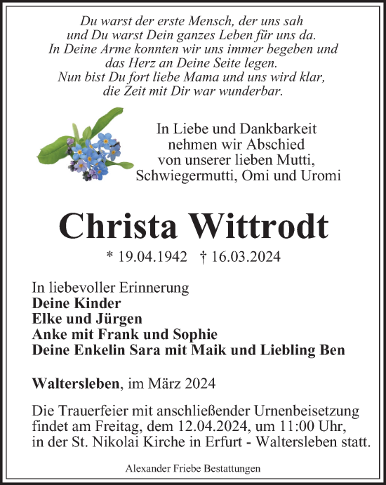 Traueranzeige von Christa Wittrodt von Thüringer Allgemeine, Thüringische Landeszeitung