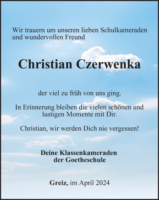 Traueranzeige von Christian Czerwenka von Ostthüringer Zeitung
