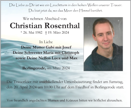Traueranzeige von Christian Rosenthal von Thüringer Allgemeine