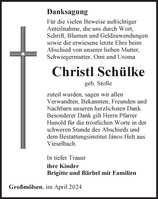 Traueranzeige von Christl Schülke von Thüringer Allgemeine, Thüringische Landeszeitung
