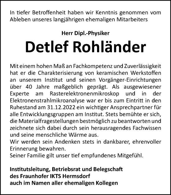 Traueranzeige von Detlef Rohländer von Ostthüringer Zeitung