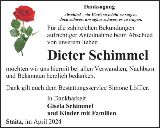 Traueranzeige von Dieter Schimmel von Ostthüringer Zeitung