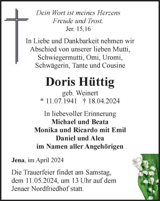 Traueranzeige von Doris Hüttig von Ostthüringer Zeitung, Thüringische Landeszeitung