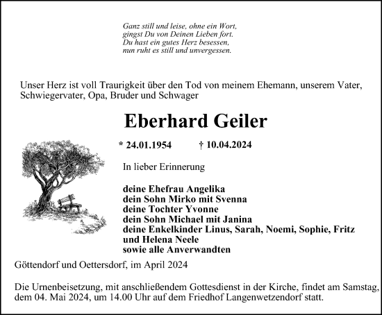 Traueranzeige von Eberhard Geiler von Ostthüringer Zeitung