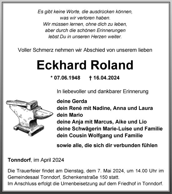 Traueranzeige von Eckhard Roland von Thüringer Allgemeine, Thüringische Landeszeitung