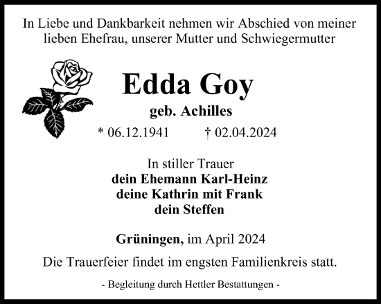 Traueranzeige von Edda Goy von Thüringer Allgemeine