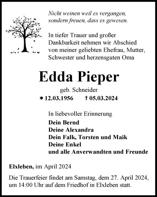 Traueranzeige von Edda Pieper von Thüringer Allgemeine, Thüringische Landeszeitung