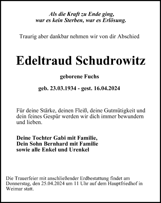Traueranzeige von Edeltraud Schudrowitz von Thüringer Allgemeine, Thüringische Landeszeitung