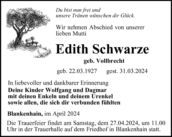 Traueranzeige von Edith Schwarze von Thüringer Allgemeine, Thüringische Landeszeitung