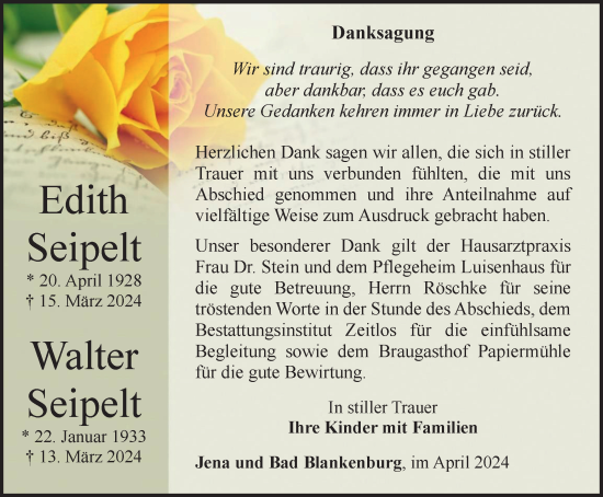 Traueranzeige von Edith und Walter Seipelt von Ostthüringer Zeitung, Thüringische Landeszeitung