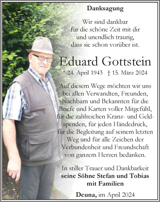 Traueranzeige von Eduard Gottstein von Thüringer Allgemeine