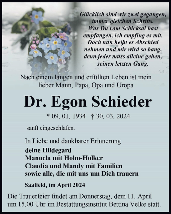 Traueranzeige von Egon Schieder von Ostthüringer Zeitung