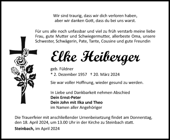 Traueranzeige von Elke Heiberger von Thüringer Allgemeine, Thüringische Landeszeitung