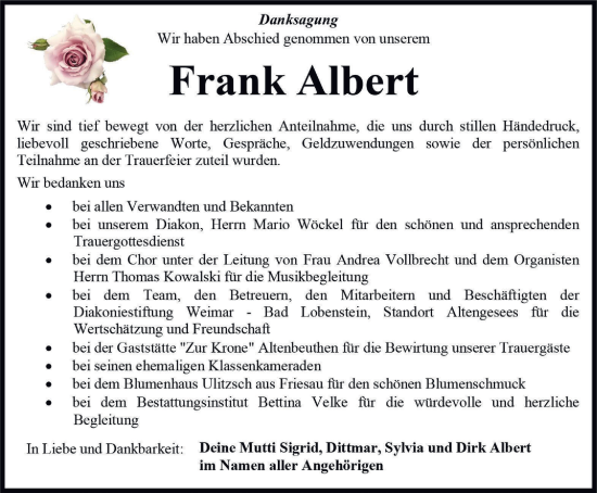 Traueranzeige von Frank Albert von Ostthüringer Zeitung