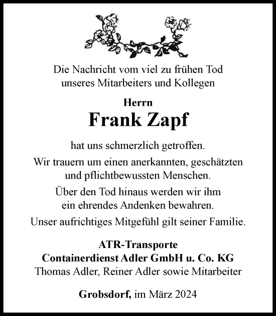 Traueranzeige von Frank Zapf von Ostthüringer Zeitung