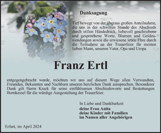 Traueranzeige von Franz Ertl von Thüringer Allgemeine, Thüringische Landeszeitung