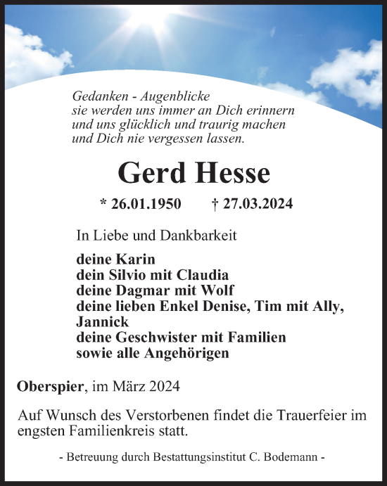Traueranzeige von Gerd Hesse von Thüringer Allgemeine